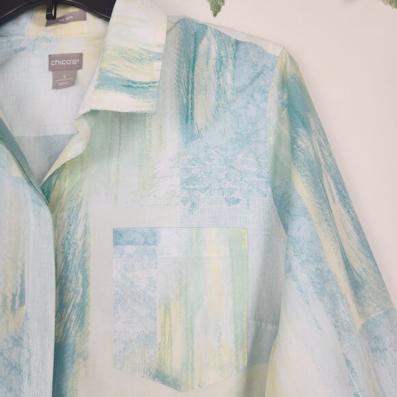 Chico's Size 3 (US 16/18) 3/4 Sleeve Green Yellow Cotton 3/4 Sleeve Top Blouse - Picture 4 of 8